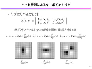 • 2次微分の正方行列
ヘッセ行列によるキーポイント検出
H(x, ) =
Lxx(x, ) Lxy(x, )
Lxy(x, ) Lyy(x, )
⇥
Lxx(x, ) = I(x)
⇤2
⇤x2
g( ), Lyy(x, ) = I(x)
⇤2
⇤y2
g( ), Lxy(x, ) = I(x)
⇤2
⇤x⇤y
g( )
85
2
x y
g( )
2
x2
g( )
2
y2
g( )
Lはガウシアンの各方向の2次微分を画像に畳み込んだ応答値
 