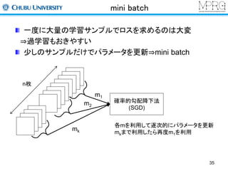 mini batch 
一度に大量の学習サンプルでロスを求めるのは大変 
⇒過学習もおきやすい 
少しのサンプルだけでパラメータを更新⇒mini batch 
確率的勾配降下法 
(SGD) 
m1 
m2 
mk 
各mを利用して逐次的にパラメータを更新 
mkまで利用したら再度m1を利用 
35 
n枚 
 