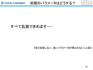 初期のパラメータはどうする？ 
すべて乱数できめます・・・ 
うまく収束しない、良いパラメータが得られないことあり 
36 
 