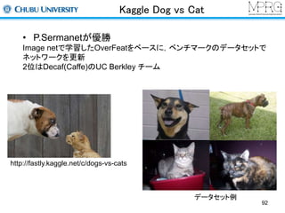 Kaggle Dog vs Cat 
• P.Sermanetが優勝 
Image netで学習したOverFeatをベースに，ベンチマークのデータセットで 
ネットワークを更新 
2位はDecaf(Caffe)のUC Berkley チーム 
http://fastly.kaggle.net/c/dogs-vs-cats 
データセット例 
92 
 