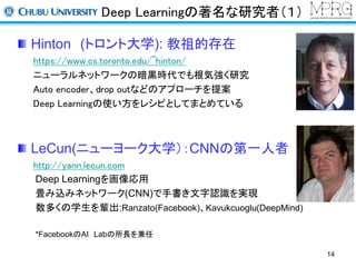 Deep Learningの著名な研究者（１） 
Hinton (トロント大学): 教祖的存在 
https://www.cs.toronto.edu/~hinton/ 
ニューラルネットワークの暗黒時代でも根気強く研究 
Auto encod...