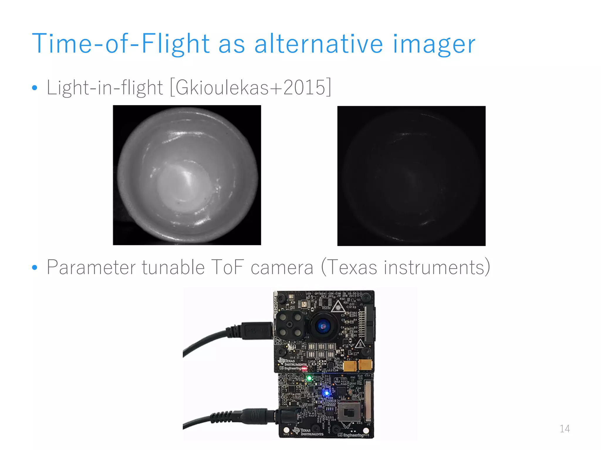 Time-of-Flight as alternative imager
• Light-in-flight [Gkioulekas+2015]
• Parameter tunable ToF camera (Texas instruments)
14
 