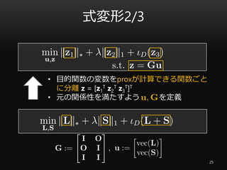 式変形2/3
25
• 目的関数の変数をproxが計算できる関数ごと
に分離 z = [z1
T z2
T z3
T]T
• 元の関係性を満たすよう を定義
 