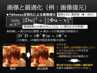 画像と最適化（例：画像復元）
5
◆Tikhonov正則化による画像復元
隣接画素との差分のL2ノルム（＝滑らかさの評価）
観測との二乗誤差（Φ：ぼけ）
制約無し＋滑らかな凸関数 ⇒ 微分＝０が最適解の特徴付け
この場合、↑の線型方程式系を解けば良い
観測 復元結果
イマイチ…
もっと柔軟に目的関数を設計したい
→ L2ノルムはエッジがなまる
制約条件も使いたい
→ 画素値は[0,255]の範囲とか
滑らかではない凸関数＋制約条件
を扱える最適化テクニックは？
 