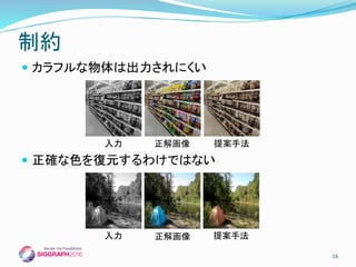  カラフルな物体は出力されにくい
 正確な色を復元するわけではない
制約
入力 正解画像 提案手法
入力 正解画像 提案手法
16
 