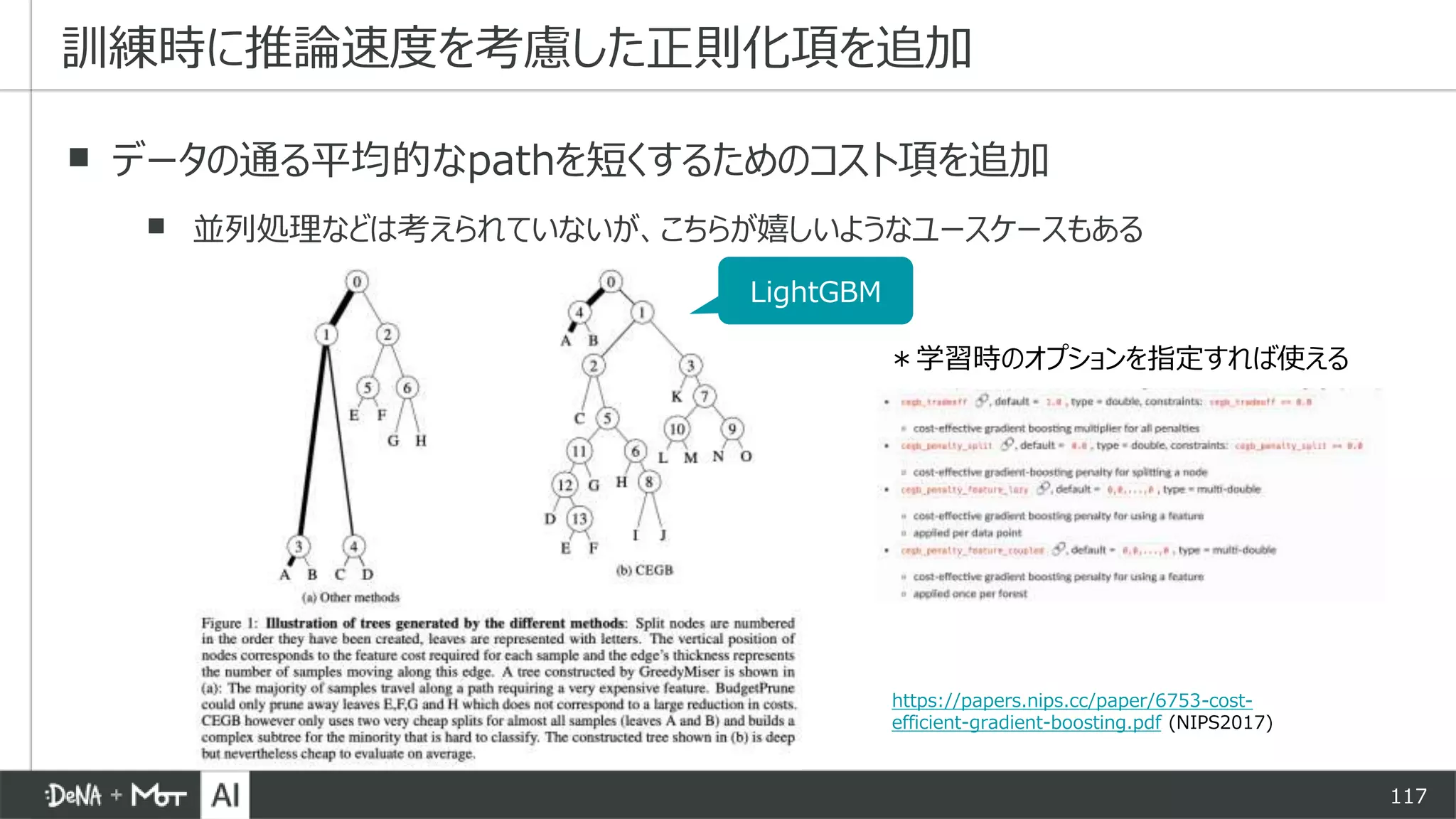 117
▪ データの通る平均的なpathを短くするためのコスト項を追加
▪ 並列処理などは考えられていないが、こちらが嬉しいようなユースケースもある
訓練時に推論速度を考慮した正則化項を追加
https://papers.nips.cc/paper/6753-cost-
efficient-gradient-boosting.pdf (NIPS2017)
LightGBM
＊学習時のオプションを指定すれば使える
 