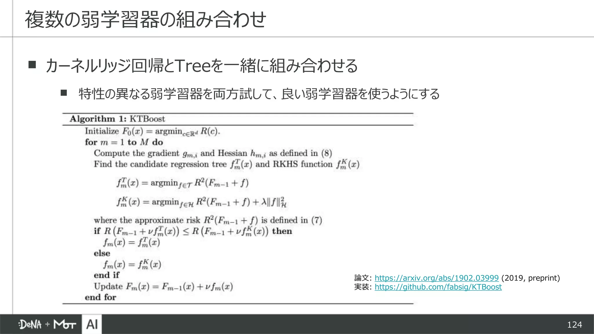 124
▪ カーネルリッジ回帰とTreeを一緒に組み合わせる
▪ 特性の異なる弱学習器を両方試して、良い弱学習器を使うようにする
複数の弱学習器の組み合わせ
論文: https://arxiv.org/abs/1902.03999 (2019, preprint)
実装: https://github.com/fabsig/KTBoost
 