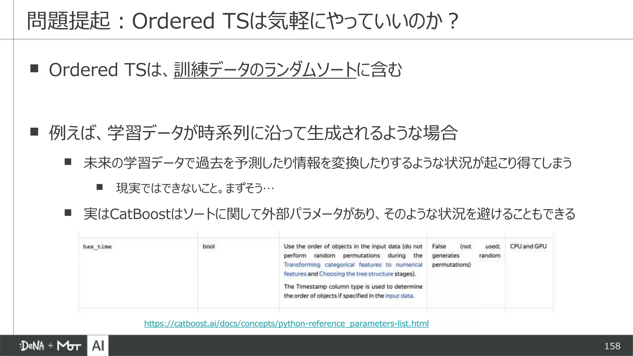 158
▪ Ordered TSは、訓練データのランダムソートに含む
▪ 例えば、学習データが時系列に沿って生成されるような場合
▪ 未来の学習データで過去を予測したり情報を変換したりするような状況が起こり得てしまう
▪ 現実ではできないこと。まずそう…
▪ 実はCatBoostはソートに関して外部パラメータがあり、そのような状況を避けることもできる
問題提起：Ordered TSは気軽にやっていいのか？
https://catboost.ai/docs/concepts/python-reference_parameters-list.html
 