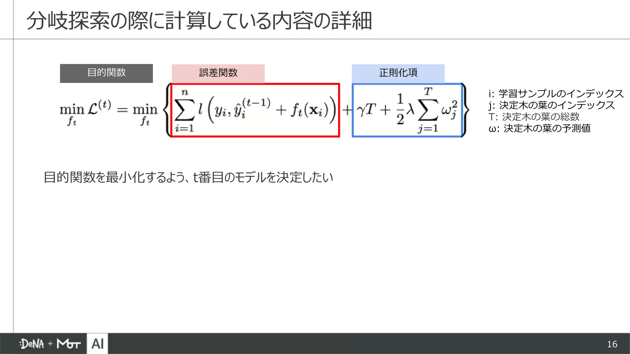 16
分岐探索の際に計算している内容の詳細
目的関数を最小化するよう、t番目のモデルを決定したい
i: 学習サンプルのインデックス
j: 決定木の葉のインデックス
T: 決定木の葉の総数
ω: 決定木の葉の予測値
誤差関数 正則化項目的関数
 