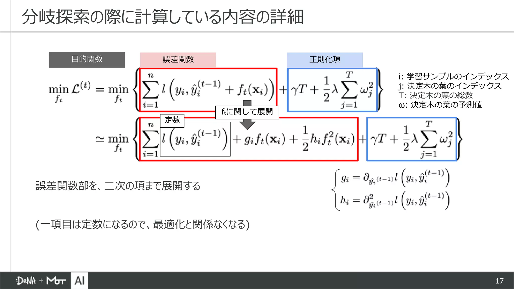 17
分岐探索の際に計算している内容の詳細
誤差関数部を、二次の項まで展開する
(一項目は定数になるので、最適化と関係なくなる)
定数
i: 学習サンプルのインデックス
j: 決定木の葉のインデックス
T: 決定木の葉の総数
ω: 決定木の葉の予測値
誤差関数 正則化項目的関数
ftに関して展開
 