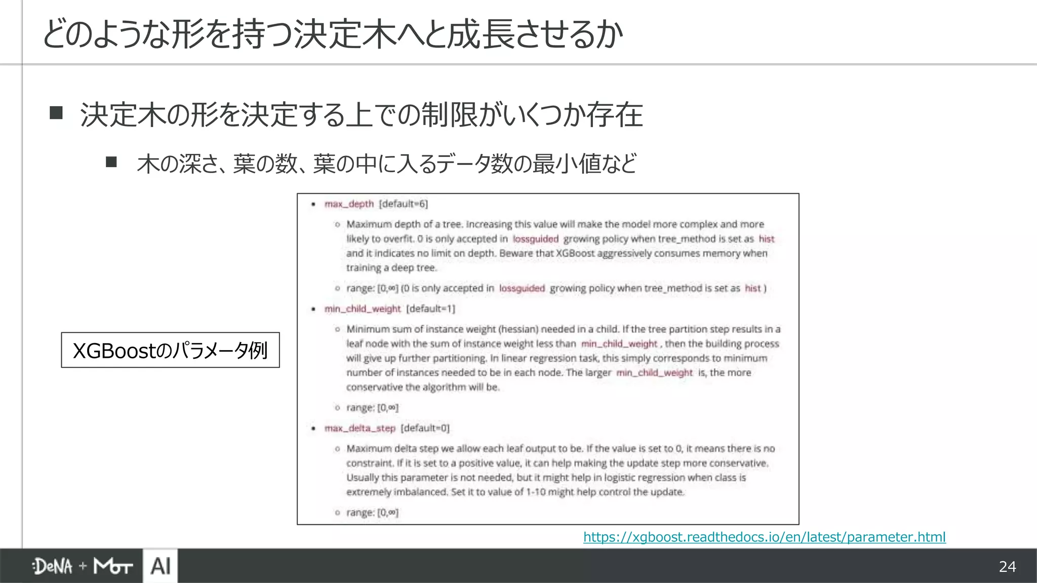 24
▪ 決定木の形を決定する上での制限がいくつか存在
▪ 木の深さ、葉の数、葉の中に入るデータ数の最小値など
どのような形を持つ決定木へと成長させるか
XGBoostのパラメータ例
https://xgboost.readthedocs.io/en/latest/parameter.html
 