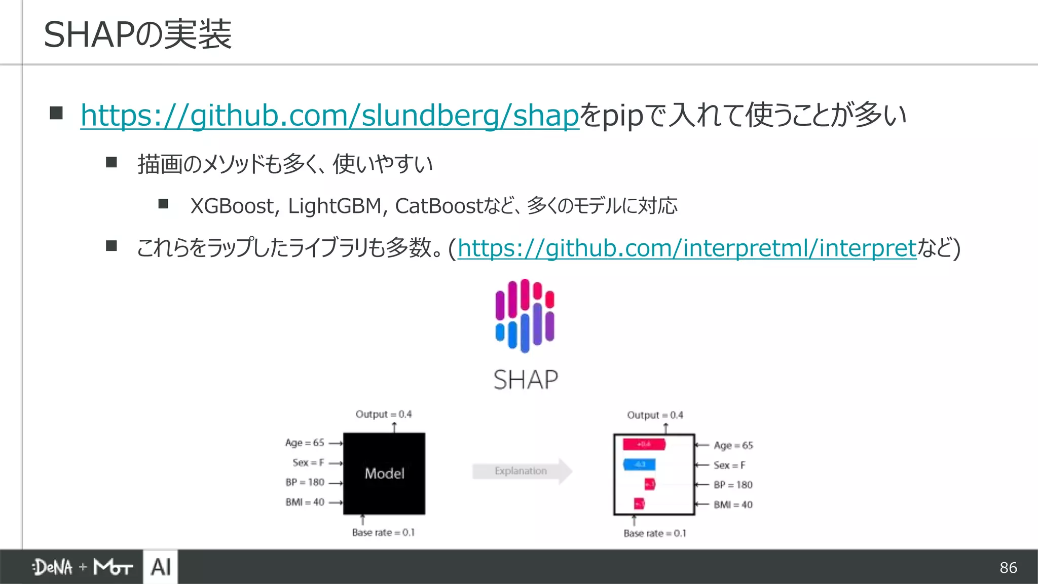 86
SHAPの実装
▪ https://github.com/slundberg/shapをpipで入れて使うことが多い
▪ 描画のメソッドも多く、使いやすい
▪ XGBoost, LightGBM, CatBoostなど、多くのモデルに対応
▪ これらをラップしたライブラリも多数。(https://github.com/interpretml/interpretなど)
 