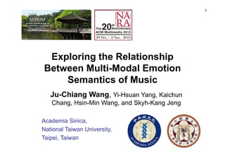 1
Exploring the Relationship
Between Multi-Modal Emotion
Semantics of Music
Ju-Chiang Wang, Yi-Hsuan Yang, Kaichun
Chang, Hsin-Min Wang, and Skyh-Kang Jeng
Academia Sinica,
National Taiwan University,
Taipei, Taiwan
 