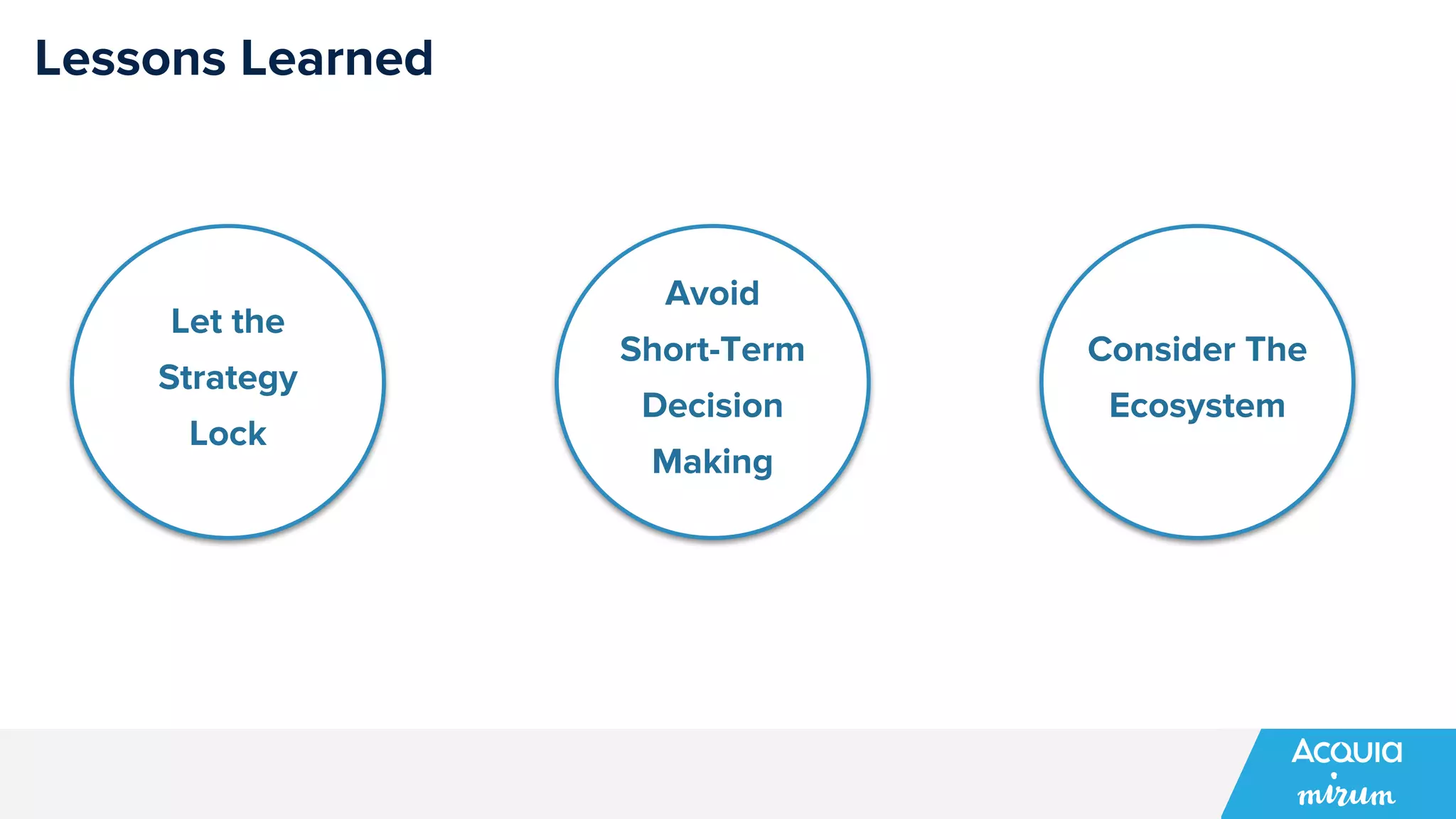Lessons Learned
Let the
Strategy
Lock
Avoid
Short-Term
Decision
Making
Consider The
Ecosystem
 