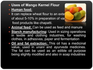  Uses of Mango Kernel Flour 
 Human food: 
 It can replace wheat flour to an extent 
of about 5-10% in preparation of various 
food products like chapatti. 
 Animal feed: Can be used as feed and manure 
 Starch manufacturing: Used in sizing operations 
in textile and clothing industries, for washing 
clothes, in adhesives, paper and fermentation 
 Oil and fat extraction: This oil has a medicinal 
value, used in unani and ayurveda medicines. 
The fat can be used as an edible oil purpose 
being slightly modified and also in soap industries 
 