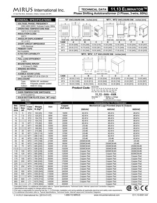 MIRUS International Inc.
31 Sun Pac Blvd., Brampton, Ontario, Canada L6S 5P6
TECHNICAL DATA 11,13 ELIMINATOR™
Phase Shifting Autotransformer (3 Phase, 3-wire, 60Hz)
‘ST’ ENCLOSURE DIM. - inches [mm] ‘MT1’, ‘MT2’ ENCLOSURE DIM. - inches [mm]
CASE A B C D E F G
ST2 20.00 [508] 14.00 [356] 12.50 [318] 14.00 [356] 12.00 [305] 10.00 [254] 18.00 [457]
MT1 29.00 [737] 16.75 [425] 15.00 [381] 19.00 [483] 13.75 [349] 13.00 [330] 19.50 [495]
MT2 38.00 [965] 21.50 [546] 19.50 [495] 23.50 [597] 17.00 [432] 17.50 [445] 25.00 [635]
‘MT3’, ‘MT4’, ‘LT’ ENCLOSURE DIM. - inches [mm]
CASE A B C D E F
MT3 45.00 [1143] 26.00 [661] 21.00 [534] 25.00 [635] 21.50 [546] 19.00 [483]
MT4 51.50 [1308] 32.00 [813] 25.50 [648] 29.50 [749] 23.50 [597] 23.50 [597]
LT1 59.00 [1499] 39.50 [1003] 30.00 [762] 34.00 [864] 24.00 [610] 32.00 [813]
GENERAL SPECIFICATIONS:
VOLTAGE, PHASE, FREQUENCY
208V,480V,600V, 3-phase 3-wire, 60Hz
OPERATING TEMPERATURE RISE
130°C [115°C] [80°C]
INSULATION CLASS
220°C
ANGULAR DISPLACEMENT
15° [+15°]
SHORT CIRCUIT IMPEDANCE
1.0% Nominal
PRIMARY TAPS
Not Available
K-FACTOR CAPABILITY
20
FULL LOAD EFFICIENCY
> 98%
MAGNETISING INRUSH
< 10 times FL RMS
WINDING MATERIAL
Copper
AUDIBLE SOUND LEVEL
As per NEMA ST-20 & CSA C9
ENCLOSURE
Type: NEMA-3R, ventilated
Paint: Polyester powder coated
Colour: ANSI 61 Grey
OPTIONS:
OVER-TEMPERATURE SWITCH(ES)
[170°C] [200°C]
SOLID BOTTOM PLATE (Case ‘MT’ only)
[yes], [no]
Sizes Losses
[1]
Connections for 11,13 Eliminator
Mechanical Lugs Provided (Input & Output)Std.
Size
kVA
Drive
Size
HP
Case
Style
Weight
lb [kg]
[1]
Iron
Copper
(full load)
208VAC 480VAC 600VAC
7.5 5 ST2 100 [45] 70W 160W #2-#14 #6-#14 #6-#14
11 7.5 ST2 125 [57] 80W 180W #2-#14 #6-#14 #6-#14
14 10 ST2 154 [70] 90W 200W #2-#14 #6-#14 #6-#14
15 ST2 154 [70] 90W 200W #2-#14 #6-#14 #6-#14
20 15 MT1 175 [80] 95W 220W #2-#14 #6-#14 #6-#14
27 20 MT1 190 [86] 100W 260W 2/0-#6 #6-#14 #6-#14
30 MT1 198 [90] 100W 300W 2/0-#6 #6-#14 #6-#14
34 25 MT1 215 [98] 110W 320W 2/0-#6 #2-#14 #6-#14
40 30 MT1 250 [114] 140W 370W 2/0-#6 #2-#14 #2-#14
45 MT1 286 [130] 150W 400W 2/0-#6 #2-#14 #2-#14
51 40 MT2 300 [136] 170W 430W 2/0-#6 2/0-#6 #2-#14
63 50 MT2 370 [168] 210W 490W 250MCM-#6 2/0-#6 2/0-#6
75 60 MT2 440 [200] 250W 560W 250MCM-#6 250MCM-#6 2/0-#6
93 75 MT3 485 [220] 330W 810W 500MCM-#4 250MCM-#6 250MCM-#6
112.5 MT3 506 [230] 400W 1000W 500MCM-#4 350MCM-#6 250MCM-#6
118 100 MT3 525 [239] 420W 1050W Copper Pad 600MCM-#4 350MCM-#6
145 125 MT3 585 [266] 510W 1250W Copper Pad Copper Pad 600MCM-#4
150 MT3 594 [270] 500W 1200W Copper Pad Copper Pad Copper Pad
175 150 MT3 780 [355] 600W 1500W Copper Pad Copper Pad Copper Pad
220 200 MT3 946 [430] 700W 1700W Copper Pad Copper Pad Copper Pad
225 MT4 946 [430] 700W 1700W Copper Pad Copper Pad Copper Pad
275 250 MT4 1100 [499] 850W 2100W Copper Pad Copper Pad Copper Pad
300 MT4 1155 [525] 900W 2100W Copper Pad Copper Pad Copper Pad
330 300 MT4 1200 [545] 1000W 2400W Copper Pad Copper Pad Copper Pad
440 400 MT4 1350 [614] 1150W 2800W Copper Pad Copper Pad Copper Pad
500 MT4 1408 [640] 1200W 2500W Copper Pad Copper Pad Copper Pad
550 500 LT1 1575 [714] 1275W 3200W Copper Pad Copper Pad Copper Pad
660 600 LT1 1675 [760] 1400W 3600W Copper Pad Copper Pad Copper Pad
750 LT1 1875 [850] 1500W 3000W Copper Pad Copper Pad
 MIrus International Inc. [2010-01-07] 1-888-TO MIRUS www.mirusinternational.com E11,13-S001-A4
1. Estimated Values. For additional information refer to: Typical Specifications, Technical Guide, Internal Layout and Connection Diagrams.
2. Specifications are subject to change without notice.
3. End user is responsible for ensuring that the 11,13 Eliminator installation and wiring satisfies all applicable electrical and safety code requirements.
4. For additional information refer to: Typical Specifications, Technical Guide, Internal Layout and Connection Diagrams.
 