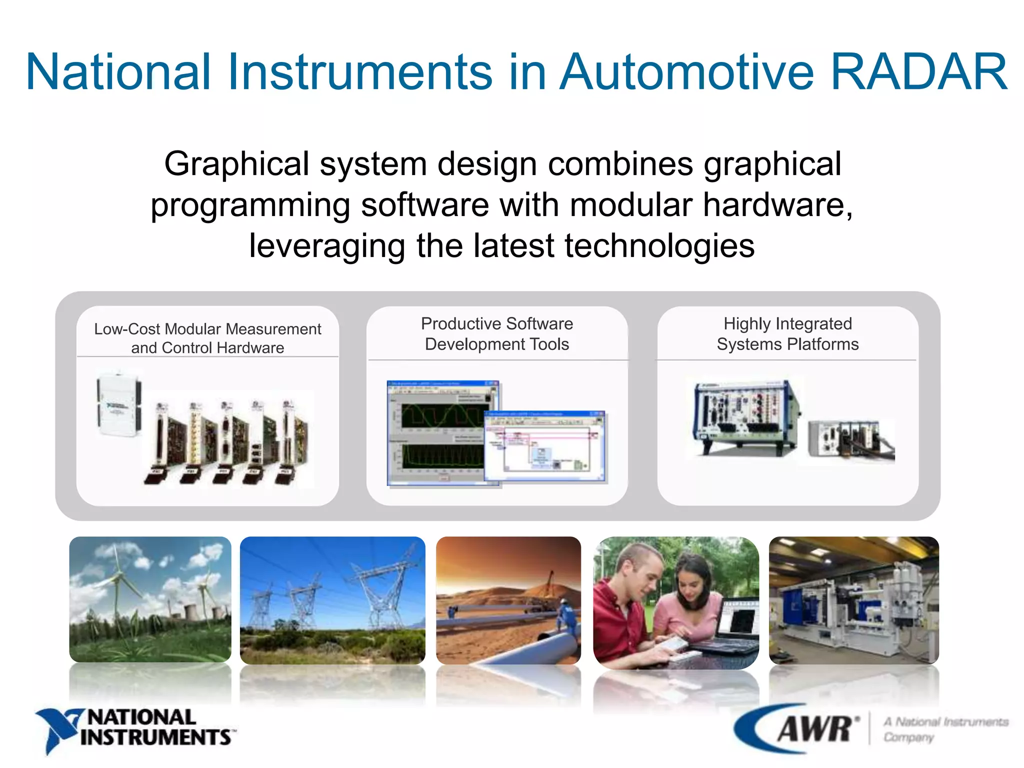 Low-Cost Modular Measurement
and Control Hardware
Productive Software
Development Tools
Highly Integrated
Systems Platforms
Graphical system design combines graphical
programming software with modular hardware,
leveraging the latest technologies
National Instruments in Automotive RADAR
 