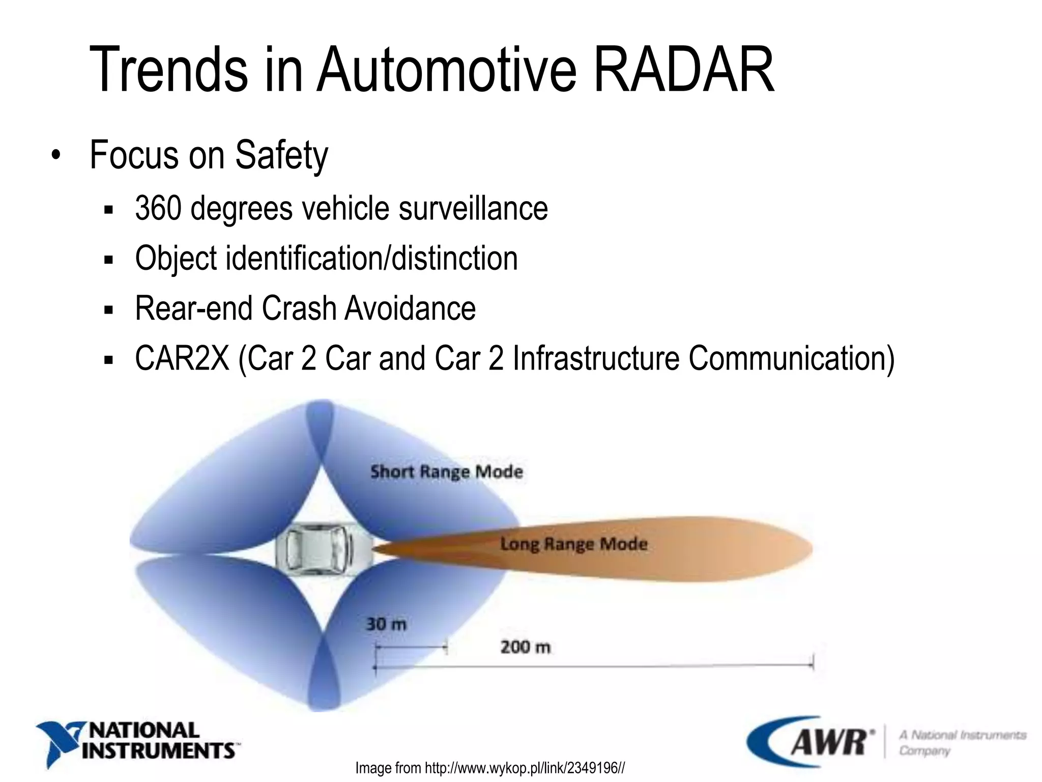Trends in Automotive RADAR
• Focus on Safety
 360 degrees vehicle surveillance
 Object identification/distinction
 Rear-end Crash Avoidance
 CAR2X (Car 2 Car and Car 2 Infrastructure Communication)
Image from http://www.wykop.pl/link/2349196//
 