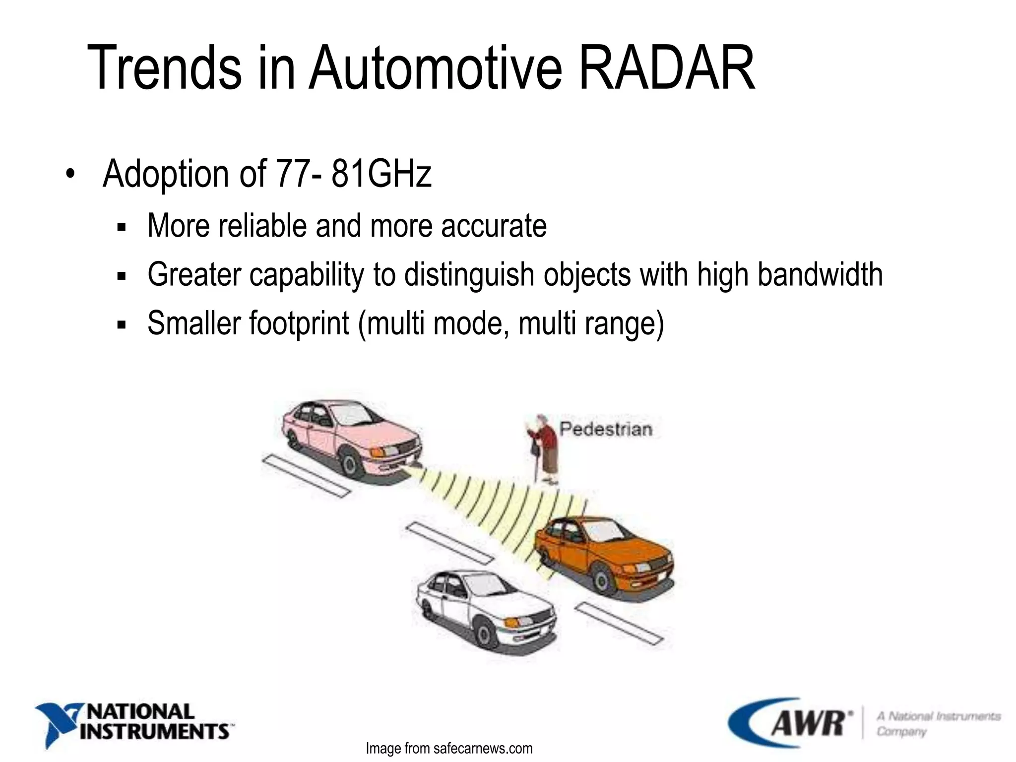 Trends in Automotive RADAR
• Adoption of 77- 81GHz
 More reliable and more accurate
 Greater capability to distinguish objects with high bandwidth
 Smaller footprint (multi mode, multi range)
Image from safecarnews.com
 