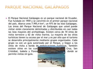  El Parque Nacional Galápagos es un parque nacional de Ecuador.
Fue fundado en 1959 y se convirtió en el primer parque nacional
del país. Abarca unos 7.995,4 km², un 97% de las islas Galápagos.
Las áreas del Parque Nacional de Galápagos que usted puede
visitar están claramente delimitadas y distribuidas en casi todas
las islas mayores del archipiélago. Existen cerca de 70 sitios de
visita terrestre y 62 de visita marina. La mayoría de los sitios
turísticos tienen su acceso por el mar y es por ello que el turismo
se desarrolla principalmente mediante grupos organizados. Cada
grupo va con un guía autorizado por el Parque, y llegan a los
sitios de visita a bordo de embarcaciones turísticas. También
existen sitios en las cuatro Islas pobladas (Santa Cruz, San
Cristóbal, Isabela y Florean), con acceso terrestre, donde se
permite visitas sin guía.
 
