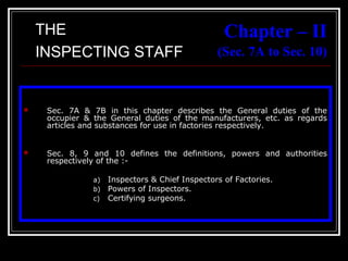 19
Chapter – II
(Sec. 7A to Sec. 10)
 Sec. 7A & 7B in this chapter describes the General duties of the
occupier & the General duties of the manufacturers, etc. as regards
articles and substances for use in factories respectively.
 Sec. 8, 9 and 10 defines the definitions, powers and authorities
respectively of the :-
a) Inspectors & Chief Inspectors of Factories.
b) Powers of Inspectors.
c) Certifying surgeons.
THE
INSPECTING STAFF
 