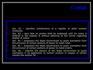 34
Contd.
 Sec. 62 – specifies maintenance of a register of adult workers
employed.
 Sec. 63 – says that no worker shall be employed until his name is
entered in the register & without adhering to the norms regarding
display of notice.
 Sec. 64 – empowers the State Government to grant exemption from
the provision of certain sections of power to make rules.
 Sec. 65 – empowers the State Government to grant exemption from
the provision of certain sections of power to make orders.
 Sec. 66 – restricts the powers of the State Government to grant
exemption in its application to women workers in respect of certain
clauses like section 54.
 