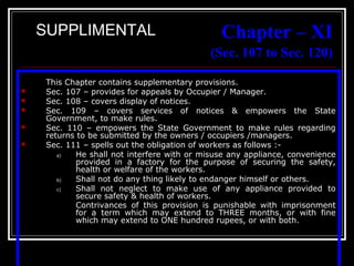 45
Chapter – XI
(Sec. 107 to Sec. 120)
This Chapter contains supplementary provisions.
 Sec. 107 – provides for appeals by Occupier / Manager.
 Sec. 108 – covers display of notices.
 Sec. 109 – covers services of notices & empowers the State
Government, to make rules.
 Sec. 110 – empowers the State Government to make rules regarding
returns to be submitted by the owners / occupiers /managers.
 Sec. 111 – spells out the obligation of workers as follows :-
a) He shall not interfere with or misuse any appliance, convenience
provided in a factory for the purpose of securing the safety,
health or welfare of the workers.
b) Shall not do any thing likely to endanger himself or others.
c) Shall not neglect to make use of any appliance provided to
secure safety & health of workers.
Contrivances of this provision is punishable with imprisonment
for a term which may extend to THREE months, or with fine
which may extend to ONE hundred rupees, or with both.
SUPPLIMENTAL
 