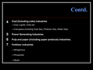 50
Contd.
4 Coal (Including coke) industries
---Coal, Lignite, Coke etc.
---Fuel gases (including Coal Gas, Producer Gas, Water Gas)
5 Power Generating Industries
6 Pulp and paper (including paper products) industries.
7 Fertiliser industries
---Nitrogenous
---Phosphatic
---Mixed
 