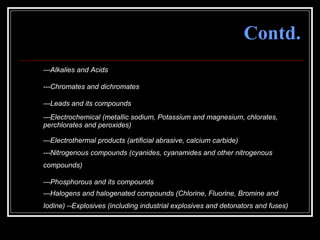 53
Contd.
---Alkalies and Acids
---Chromates and dichromates
---Leads and its compounds
---Electrochemical (metallic sodium, Potassium and magnesium, chlorates,
perchlorates and peroxides)
---Electrothermal products (artificial abrasive, calcium carbide)
---Nitrogenous compounds (cyanides, cyanamides and other nitrogenous
compounds)
---Phosphorous and its compounds
---Halogens and halogenated compounds (Chlorine, Fluorine, Bromine and
Iodine) --Explosives (including industrial explosives and detonators and fuses)
 