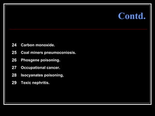 73
Contd.
24 Carbon monoxide.
25 Coal miners pneumoconiosis.
26 Phosgene poisoning.
27 Occupational cancer.
28 Isocyanates poisoning,
29 Toxic nephritis.
 