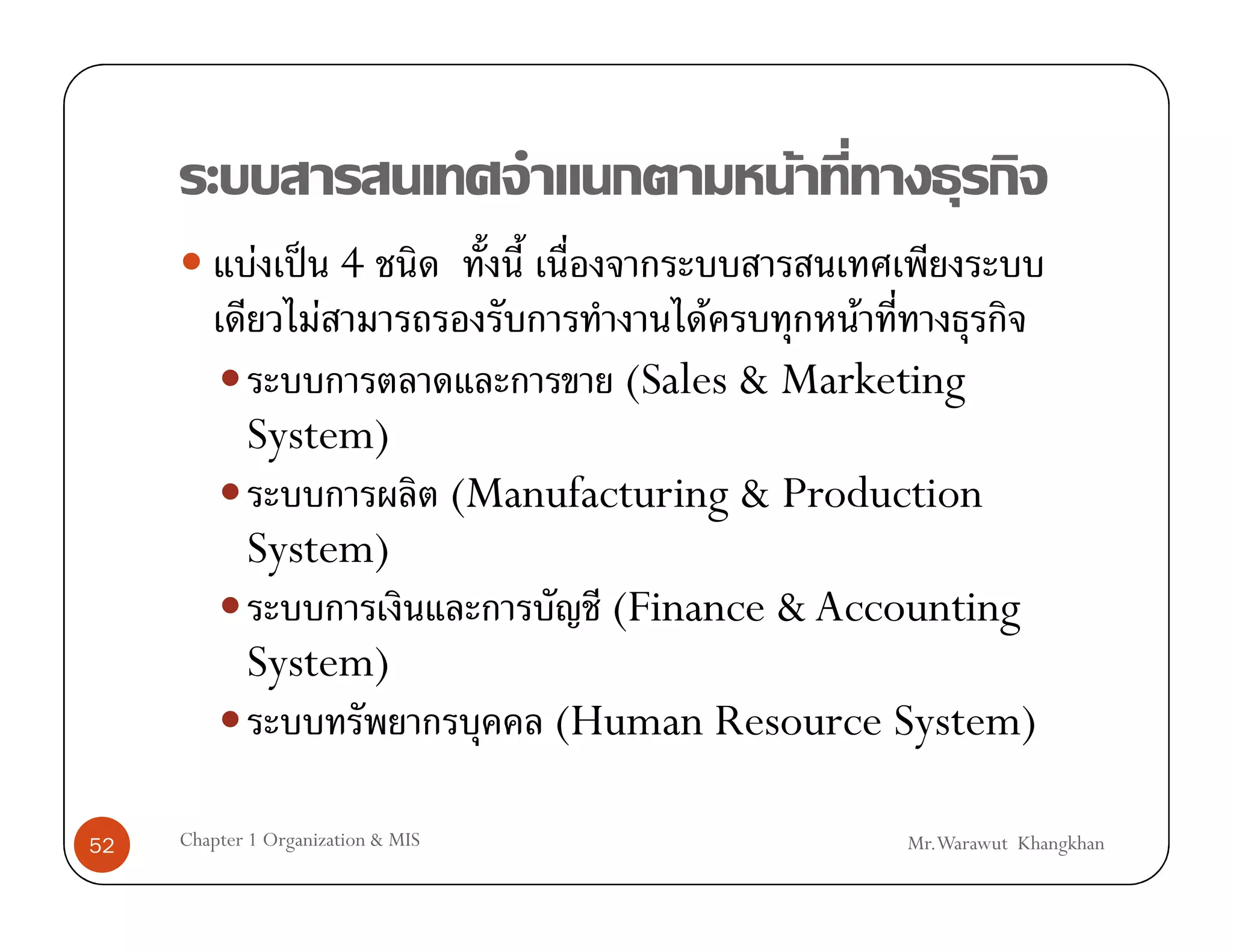 F
              F ˈ 4
                 F                               F      F
                                            (Sales & Marketing
            System)
                                    (Manufacturing & Production
            System)
                                            (Finance & Accounting
            System)
                                         (Human Resource System)

52   Chapter 1 Organization & MIS                          Mr.Warawut Khangkhan
 