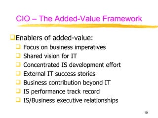 CIO – The Added-Value Framework Enablers of added-value: Focus on business imperatives Shared vision for IT Concentrated IS development effort External IT success stories Business contribution beyond IT IS performance track record IS/Business executive relationships 