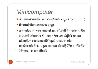 Minicomputer
            ˈ                            F    ก    (Midrange Computer)
                                    ก
                   ก                Fก         ก           F ก                    ˈ
                            F                 Client/Server F F
                F ก                               F        ก F
                                                    ก    F     ก              F
                                F            ˈ F

15   Chapter 3 Computer Hardware                               Mr.Warawut Khangkhan
 