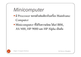 Minicomputer
         Processor      F   ก        Mainframe
        Computer
        Minicomputer F           F กF IBM,
        AS/400, HP 9000   HP Alpha ˈ F




16   Chapter 3 Computer Hardware     Mr.Warawut Khangkhan
 