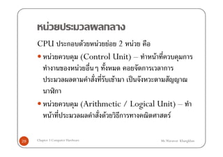 F                            ก
     CPU                ก           F  F F 2 F
        F                          (Control Unit) –       F                ก
                               F                      ก        ก
                                             F   ˈ
                    ก
                F                  (Arithmetic / Logical Unit) –
                F                         F ก               F

29   Chapter 3 Computer Hardware                              Mr.Warawut Khangkhan
 