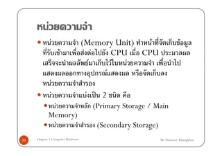 F
                F             (Memory Unit)   F                ก F
                    F          F F     CPU  CPU
                                 F ก F    F
                            ก      ก F          ก
                F
                F                  F ˈ 2
             F                     ก (Primary Storage / Main
            Memory)
               F                     (Secondary Storage)
33   Chapter 3 Computer Hardware                           Mr.Warawut Khangkhan
 