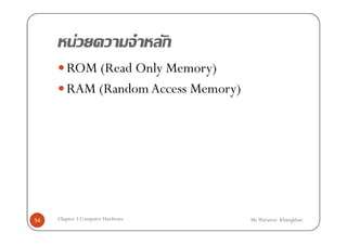F                      ก
        ROM (Read Only Memory)
        RAM (Random Access Memory)




34   Chapter 3 Computer Hardware       Mr.Warawut Khangkhan
 