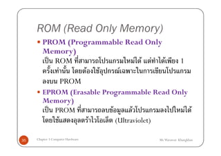 ROM (Read Only Memory)
        PROM (Programmable Read Only
        Memory)
         ˈ ROM         ก     F F F F                           1
                   F               F   F ก F   ก               ก
                       PROM
        EPROM (Erasable Programmable Read Only
        Memory)
          ˈ PROM           F       F     ก   F F
             F     F         (Ultraviolet)

35   Chapter 3 Computer Hardware                   Mr.Warawut Khangkhan
 