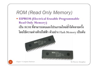 ROM (Read Only Memory)
        EEPROM (Electrical Erasable Programmable
        Read Only Memory)
          ˈ ROM                   ก      F F
                   F           F   กF   ˂   F   Flash Memory        ˈ F




36   Chapter 3 Computer Hardware                        Mr.Warawut Khangkhan
 