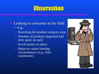 Observation Looking at consumes in the field—e.g., Searching for product category area Number of products inspected and time spent on each Involvement of others Behavior under limiting circumstances (e.g., time constraints) 