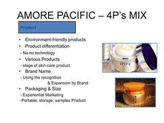 AMORE PACIFIC – 4P’s MIX
Product

• Environment-friendly products
• Product differentiation
- Na-no technology
• Various Products
- stage of skin-care product
• Brand Name
- Using the recognition
               & Expansion by Brand
• Packaging & Size
- Experiential Marketing
-Portable, storage, samples Product
 