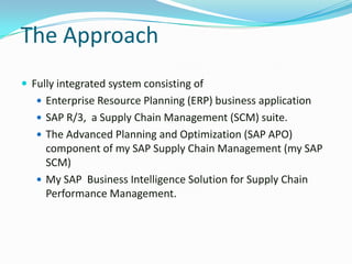 The Approach
 Fully integrated system consisting of
    Enterprise Resource Planning (ERP) business application
    SAP R/3, a Supply Chain Management (SCM) suite.
    The Advanced Planning and Optimization (SAP APO)
     component of my SAP Supply Chain Management (my SAP
     SCM)
    My SAP Business Intelligence Solution for Supply Chain
     Performance Management.
 