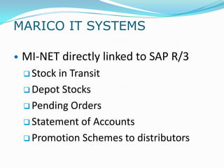 MARICO IT SYSTEMS

• MI-NET directly linked to SAP R/3
  Stockin Transit
  Depot Stocks

  Pending Orders

  Statement of Accounts

  Promotion Schemes to distributors
 