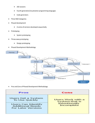 •   JAD sessions

       •   Fourth generation/visualization programming languages

       •   Code generators

•   Three RAD Categories

•   Phased development

       •   A series of versions developed sequentially

•   Prototyping

       •   System prototyping

•   Throw-away prototyping

       •   Design prototyping

•   Phased Development Methodology




•   Pros and Cons of Phased Development Methodology
 