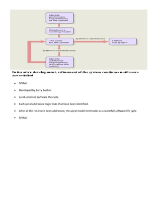 •   SPIRAL

•   Developed by Barry Boehm.

•   A risk-oriented software life cycle.

•   Each spiral addresses major risks that have been identified.

•   After all the risks have been addressed, the spiral model terminates as a waterfall software life cycle

•   SPIRAL
 