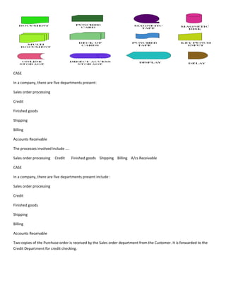 CASE

In a company, there are five departments present:

Sales order processing

Credit

Finished goods

Shipping

Billing

Accounts Receivable

The processes involved include ….

Sales order processing   Credit     Finished goods Shipping Billing A/cs Receivable

CASE

In a company, there are five departments present include :

Sales order processing

Credit

Finished goods

Shipping

Billing

Accounts Receivable

Two copies of the Purchase order is received by the Sales order department from the Customer. It is forwarded to the
Credit Department for credit checking.
 