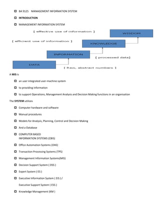  BA 9125 MANAGEMENT INFORMATION SYSTEM

     INTRODUCTION

     MANAGEMENT INFORMATION SYSTEM




A MIS is

     an user integrated user-machine system

     to providing information

     to support Operations, Management Analysis and Decision Making functions in an organisation

The SYSTEM utilizes

     Computer hardware and software

     Manual procedures

     Models for Analysis, Planning, Control and Decision Making

     And a Database

     COMPUTER BASED
      INFORMATION SYSTEMS (CBIS)

     Office Automation Systems (OAS)

     Transaction Processing Systems (TPS)

     Management Information Systems(MIS)

     Decision Support System ( DSS )

     Expert System ( ES )

     Executive Information System ( EIS ) /

           Executive Support System ( ESS )

     Knowledge Management (KM )
 