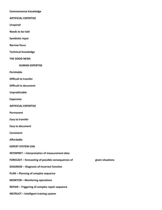 Commonsense knowledge

ARTIFICIAL EXPERTISE

Unspired

Needs to be told

Symbiotic input

Narrow focus

Technical knowledge

THE GOOD NEWS

        HUMAN EXPERTISE

Perishable

Difficult to transfer

Difficult to document

Unpredictable

Expensive

ARTIFICIAL EXPERTISE

Permanent

Easy to transfer

Easy to document

Consistent

Affordable

EXPERT SYSTEM CAN

INTERPRET – interpretation of measurement data

FORECAST – forecasting of possible consequences of   given situations

DIAGNOSE – Diagnosis of incorrect function

PLAN – Planning of complex sequence

MONITOR – Monitoring operations

REPAIR – Triggering of complex repair sequence

INSTRUCT – Intelligent training system
 