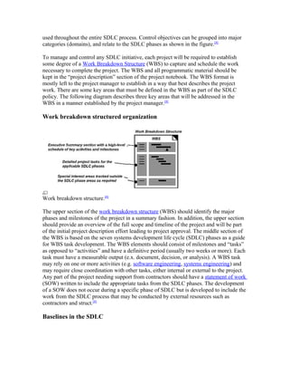 used throughout the entire SDLC process. Control objectives can be grouped into major
categories (domains), and relate to the SDLC phases as shown in the figure.[8]

To manage and control any SDLC initiative, each project will be required to establish
some degree of a Work Breakdown Structure (WBS) to capture and schedule the work
necessary to complete the project. The WBS and all programmatic material should be
kept in the “project description” section of the project notebook. The WBS format is
mostly left to the project manager to establish in a way that best describes the project
work. There are some key areas that must be defined in the WBS as part of the SDLC
policy. The following diagram describes three key areas that will be addressed in the
WBS in a manner established by the project manager.[8]

Work breakdown structured organization




Work breakdown structure.[8]

The upper section of the work breakdown structure (WBS) should identify the major
phases and milestones of the project in a summary fashion. In addition, the upper section
should provide an overview of the full scope and timeline of the project and will be part
of the initial project description effort leading to project approval. The middle section of
the WBS is based on the seven systems development life cycle (SDLC) phases as a guide
for WBS task development. The WBS elements should consist of milestones and “tasks”
as opposed to “activities” and have a definitive period (usually two weeks or more). Each
task must have a measurable output (e.x. document, decision, or analysis). A WBS task
may rely on one or more activities (e.g. software engineering, systems engineering) and
may require close coordination with other tasks, either internal or external to the project.
Any part of the project needing support from contractors should have a statement of work
(SOW) written to include the appropriate tasks from the SDLC phases. The development
of a SOW does not occur during a specific phase of SDLC but is developed to include the
work from the SDLC process that may be conducted by external resources such as
contractors and struct.[8]

Baselines in the SDLC
 
