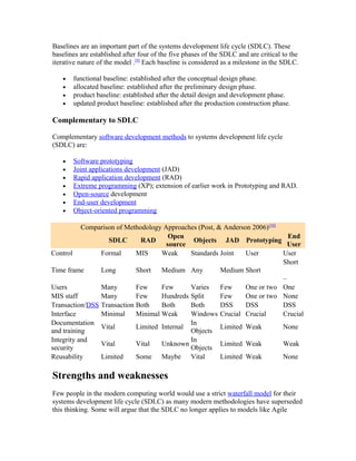 Baselines are an important part of the systems development life cycle (SDLC). These
baselines are established after four of the five phases of the SDLC and are critical to the
iterative nature of the model .[9] Each baseline is considered as a milestone in the SDLC.

   •   functional baseline: established after the conceptual design phase.
   •   allocated baseline: established after the preliminary design phase.
   •   product baseline: established after the detail design and development phase.
   •   updated product baseline: established after the production construction phase.

Complementary to SDLC

Complementary software development methods to systems development life cycle
(SDLC) are:

   •   Software prototyping
   •   Joint applications development (JAD)
   •   Rapid application development (RAD)
   •   Extreme programming (XP); extension of earlier work in Prototyping and RAD.
   •   Open-source development
   •   End-user development
   •   Object-oriented programming

           Comparison of Methodology Approaches (Post, & Anderson 2006)[10]
                                       Open                                   End
                   SDLC       RAD             Objects JAD Prototyping
                                      source                                  User
Control         Formal      MIS     Weak     Standards Joint    User        User
                                                                            Short
Time frame      Long        Short   Medium Any          Medium Short
                                                                            –
Users           Many        Few     Few      Varies     Few     One or two One
MIS staff       Many        Few     Hundreds Split      Few     One or two None
Transaction/DSS Transaction Both    Both     Both       DSS     DSS         DSS
Interface       Minimal     Minimal Weak     Windows Crucial Crucial        Crucial
Documentation                                In
                Vital       Limited Internal            Limited Weak        None
and training                                 Objects
Integrity and                                In
                Vital       Vital   Unknown             Limited Weak        Weak
security                                     Objects
Reusability     Limited     Some Maybe Vital            Limited Weak        None

Strengths and weaknesses
Few people in the modern computing world would use a strict waterfall model for their
systems development life cycle (SDLC) as many modern methodologies have superseded
this thinking. Some will argue that the SDLC no longer applies to models like Agile
 
